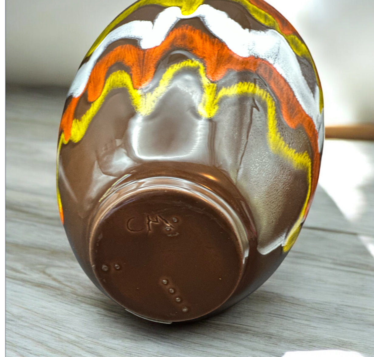 “Vintage MCM Studio Pottery Vase, CM Signed, 9.5” — Drip/Lava Glaze in Rust, Mustard & White, Brown Ground.”