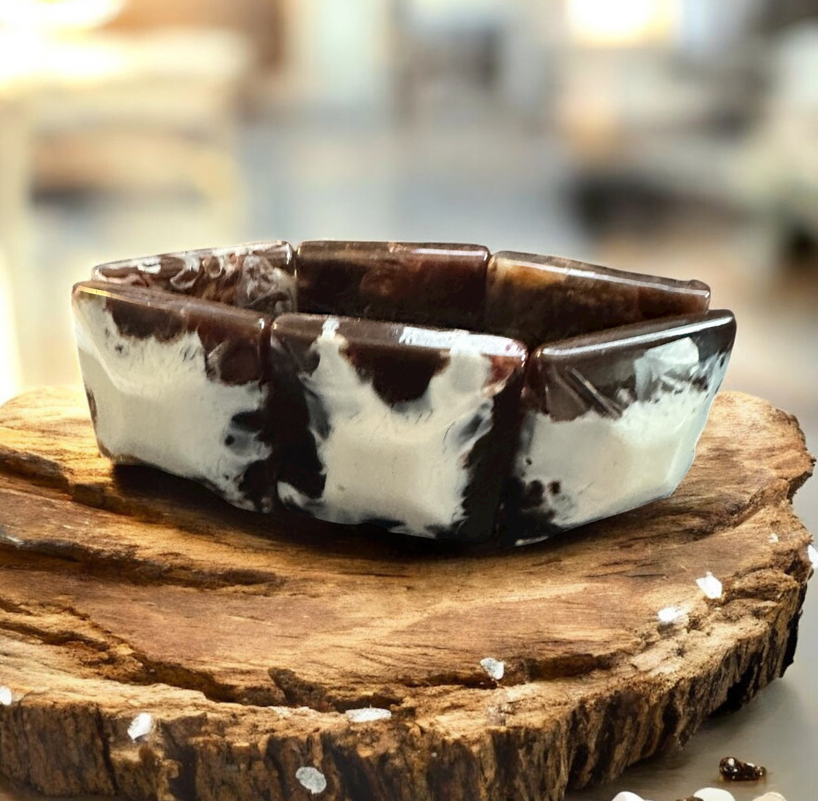 Vintage Faux Horn Resin Panel Stretch Bracelet – Brown & Cream Marbled