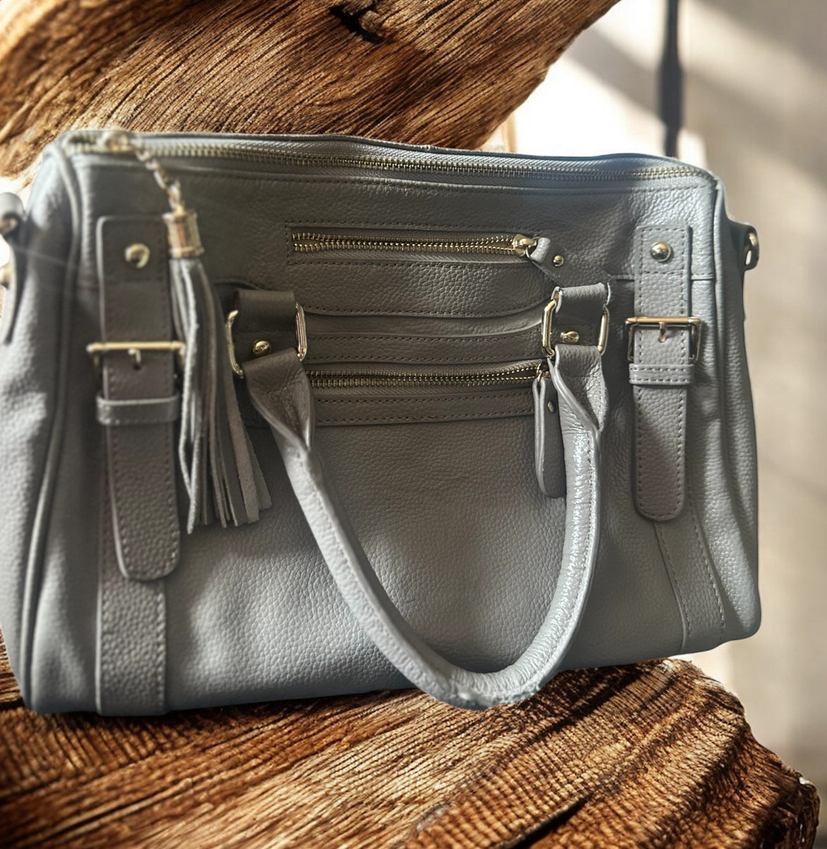 Erica Anenberg Pebbled Leather Satchel Handbag in Gray with Tassel Detail
