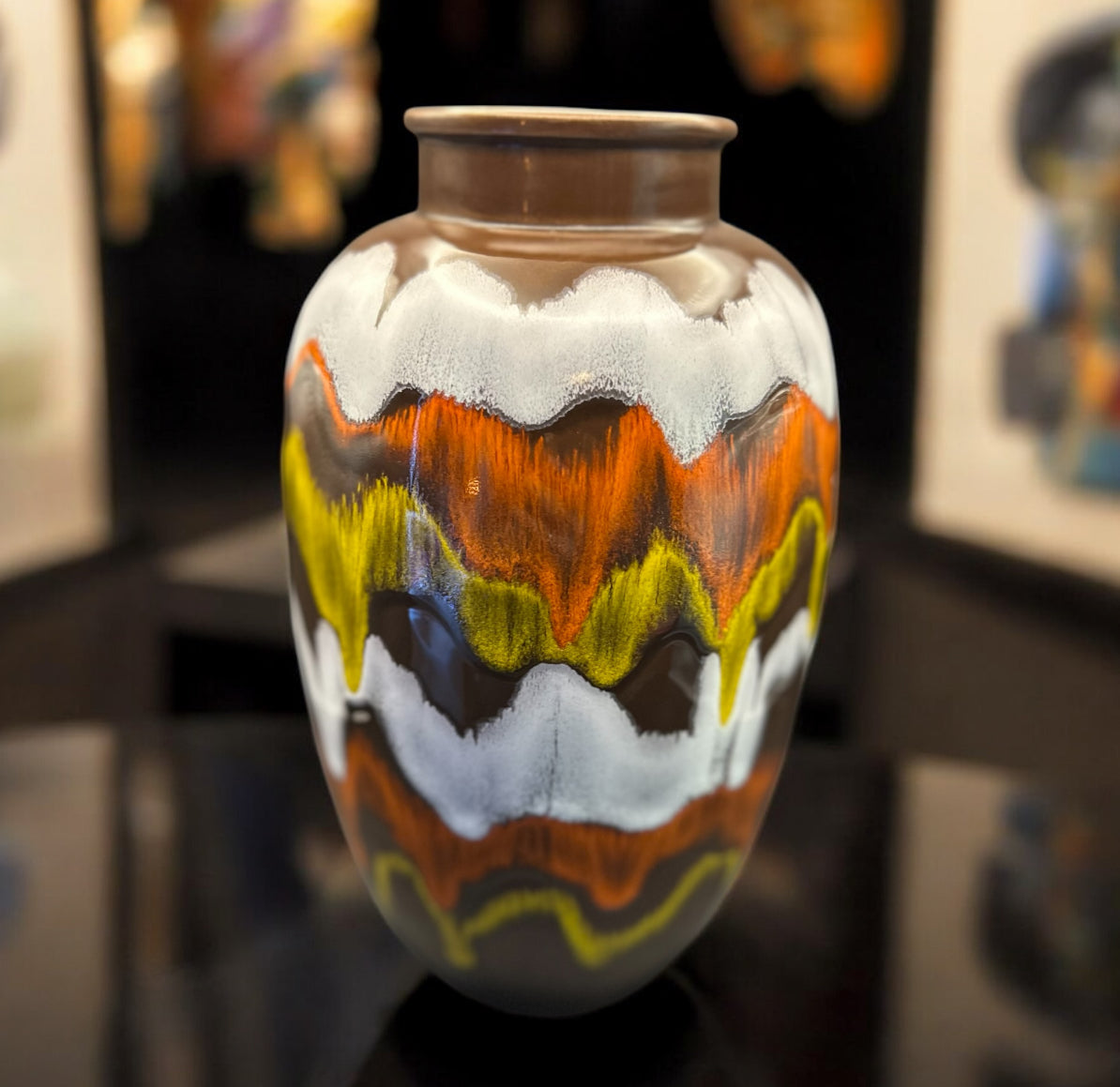 “Vintage MCM Studio Pottery Vase, CM Signed, 9.5” — Drip/Lava Glaze in Rust, Mustard & White, Brown Ground.”