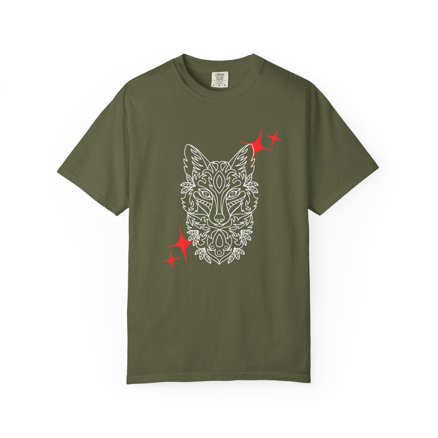 Fox Mask Graphic T-Shirt — Tribal Line Art with Red Spark Accents