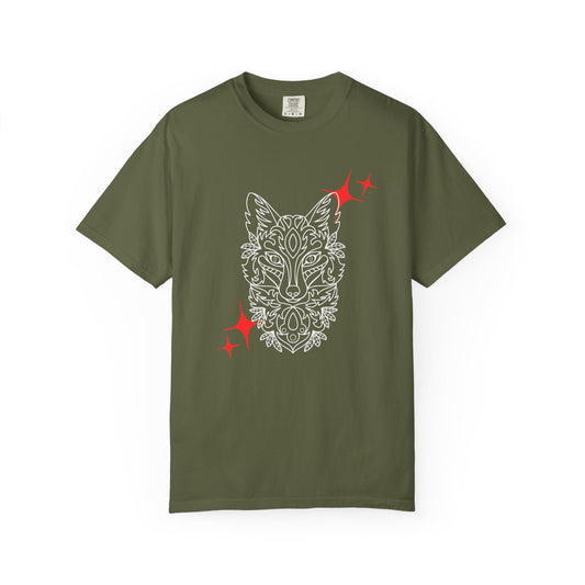 Fox Mask Graphic T-Shirt — Tribal Line Art with Red Spark Accents