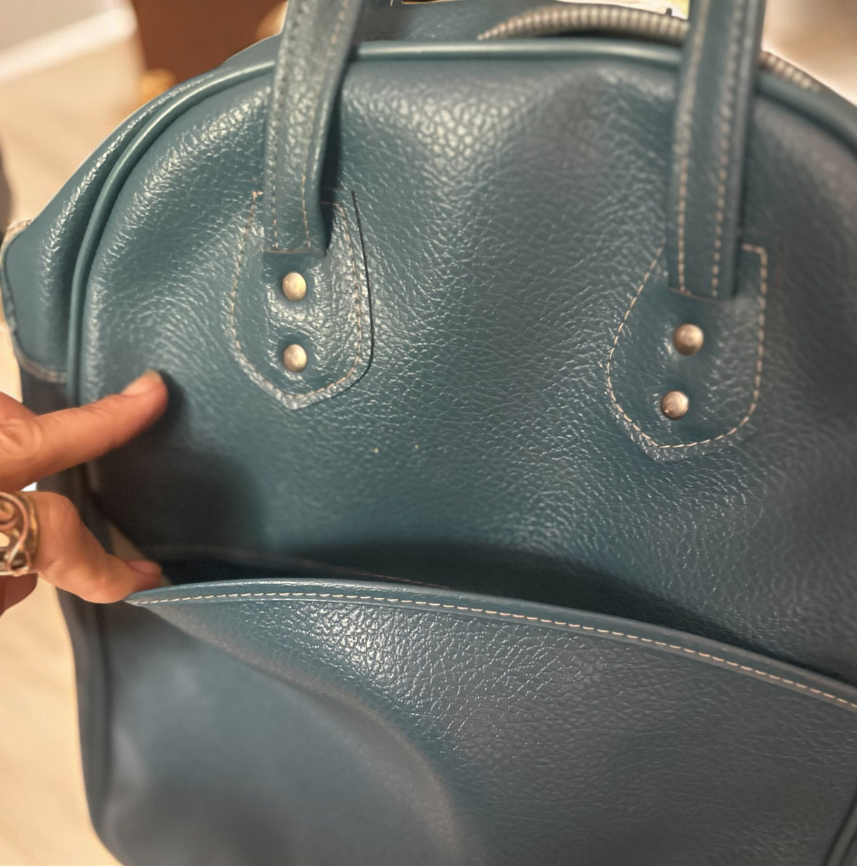Vintage Teal Pebbled Travel Bag – Bowling Bag Style Carryall