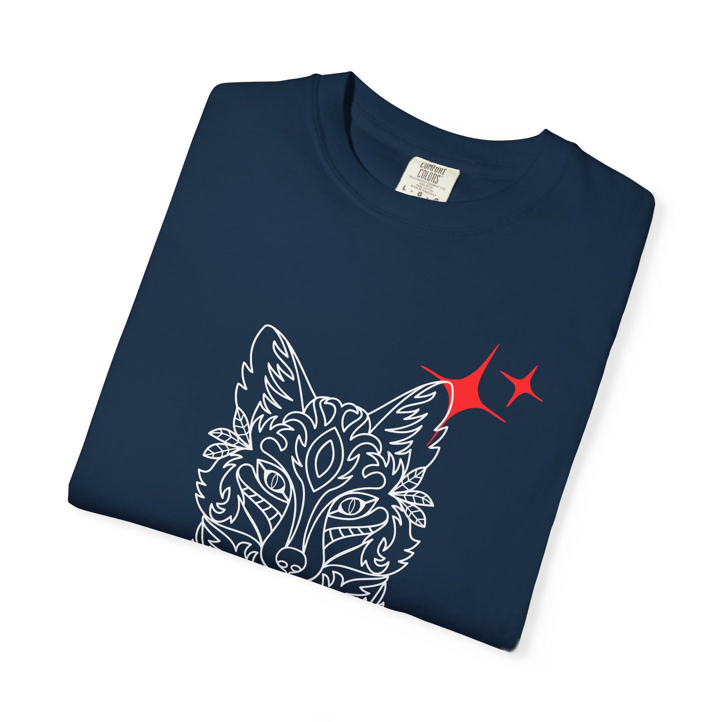 Fox Mask Graphic T-Shirt — Tribal Line Art with Red Spark Accents