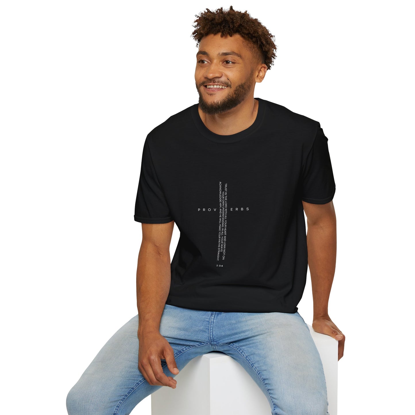 Inspirational Cross T-Shirt — 'Proverbs 3:5-6' Vertical Scripture Design