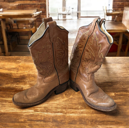 Vintage Old West Kids Leather Cowboy Boots Size 11 – Brown Western Boots
