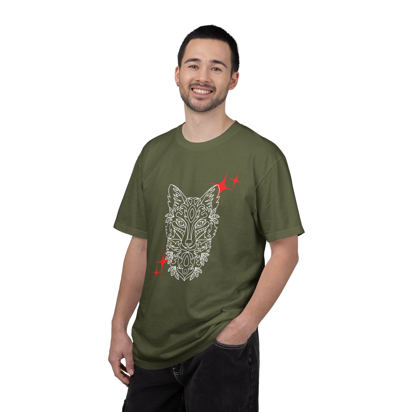 Fox Mask Graphic T-Shirt — Tribal Line Art with Red Spark Accents