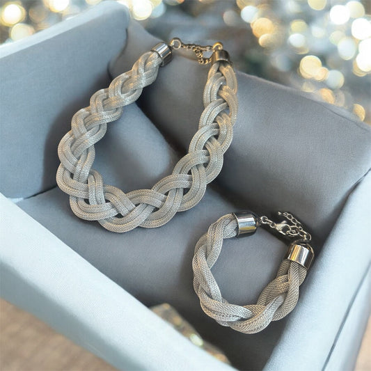 Vintage Silver Braided Mesh Jewelry Set – Necklace & Bracelet, Classic 1980s Style