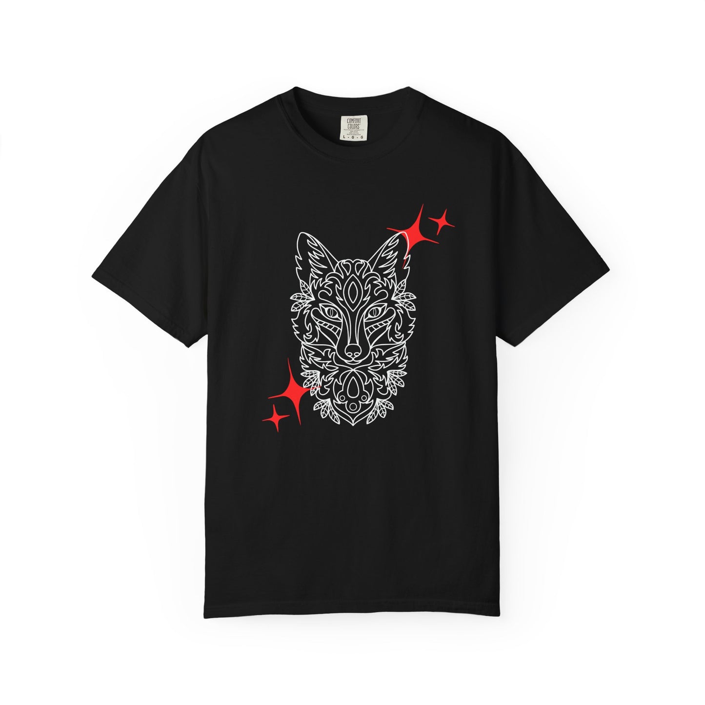 Fox Mask Graphic T-Shirt — Tribal Line Art with Red Spark Accents