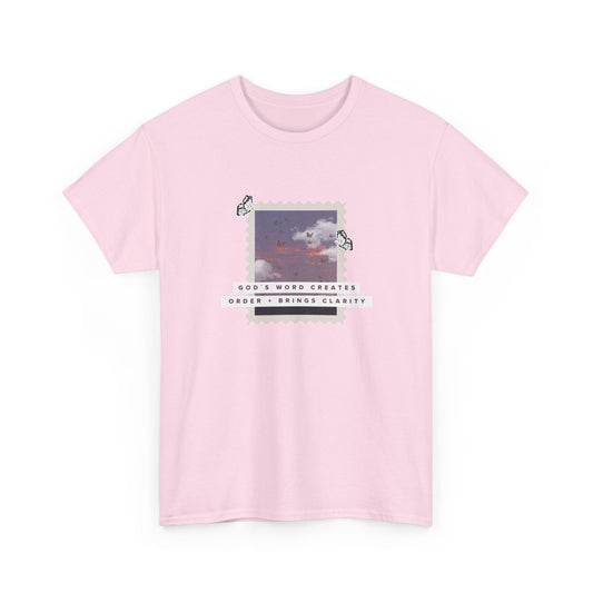 Vintage Cloud Photo Tee — "God's Word Creates, God's Works Display" Graphic T-Shirt