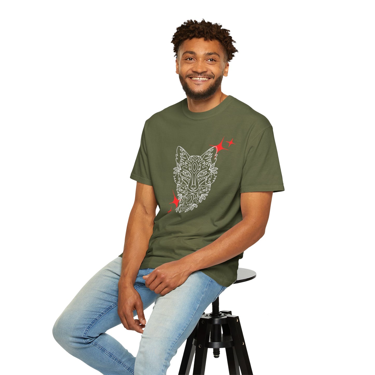Fox Mask Graphic T-Shirt — Tribal Line Art with Red Spark Accents