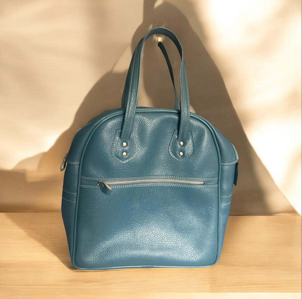 Vintage Teal Pebbled Travel Bag – Bowling Bag Style Carryall