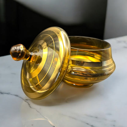 Vintage Amber Glass Candy Dish with Lid – Made in Romania, Mid-Century Spiral Gold Plated Design