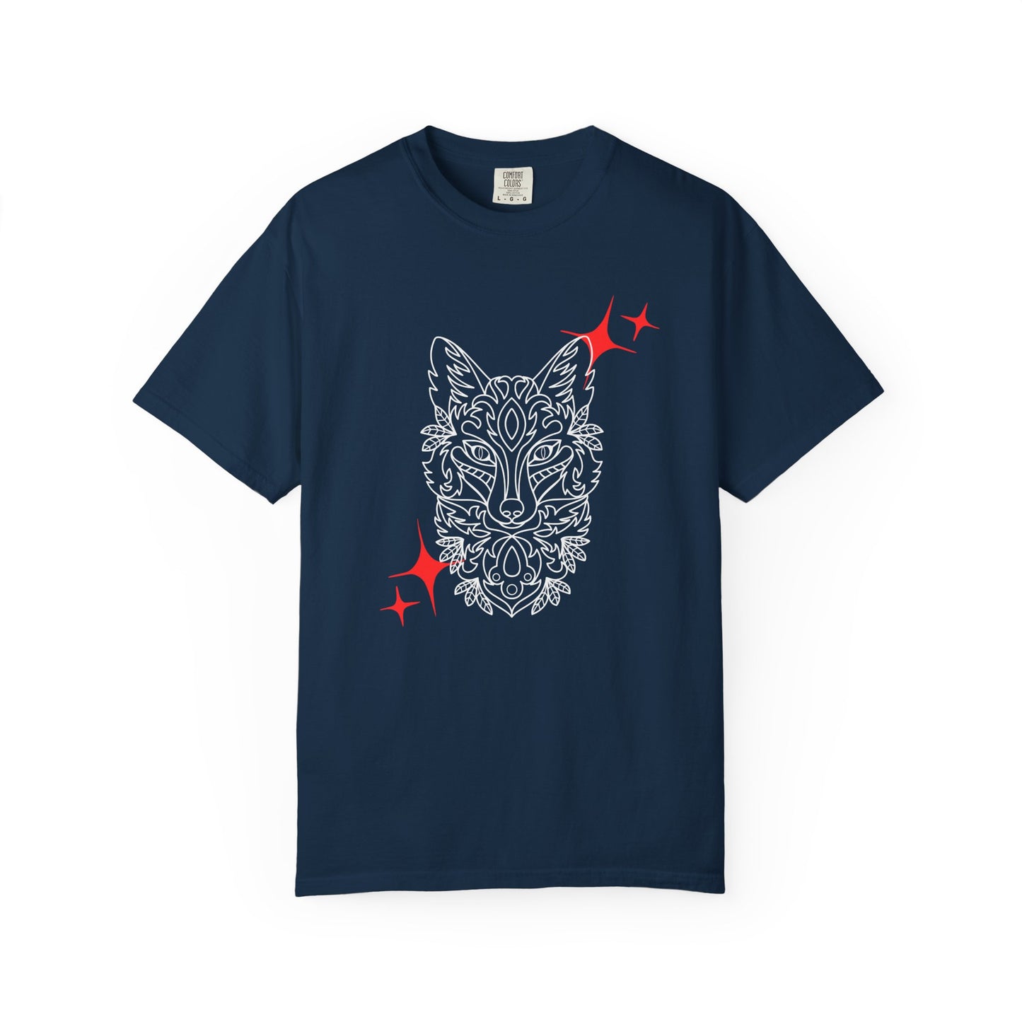 Fox Mask Graphic T-Shirt — Tribal Line Art with Red Spark Accents