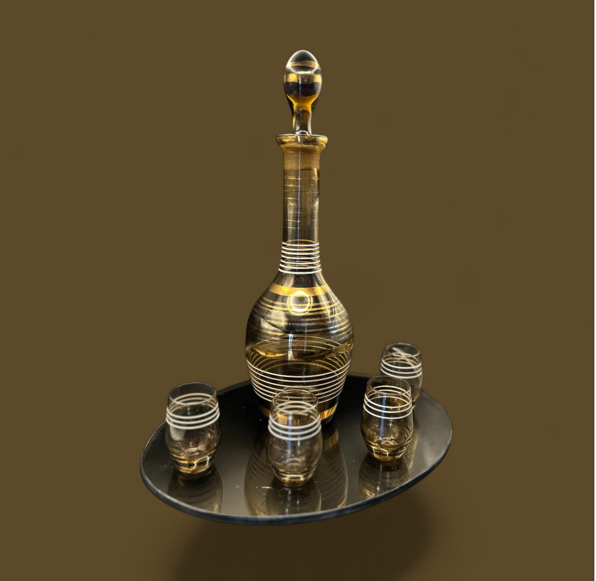 Vintage Romanian Amber Glass Decanter Set – Mid-Century Hand-Blown with 4 Glasses