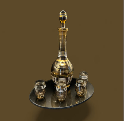 Vintage Romanian Amber Glass Decanter Set – Mid-Century Hand-Blown with 4 Glasses