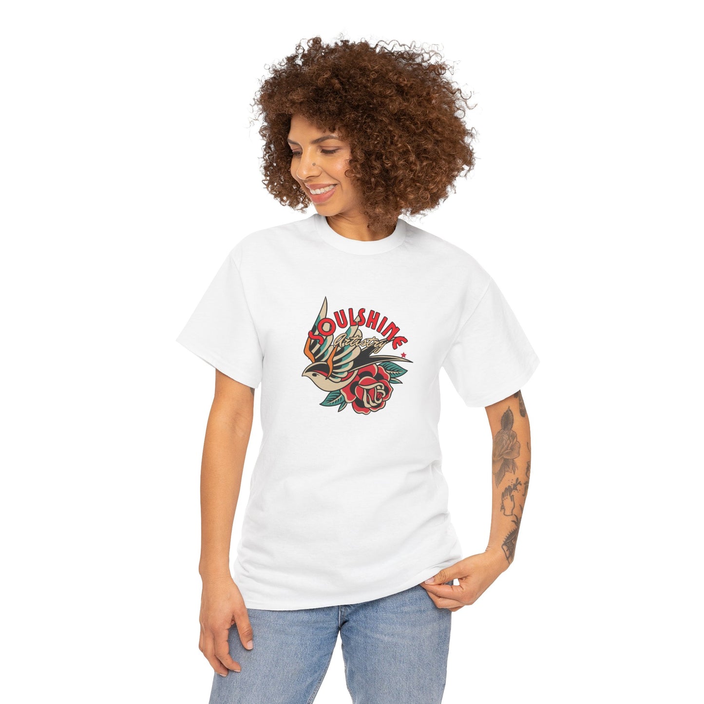 Sunshine Bird & Rose Graphic Tee - Retro Tattoo Style