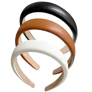 3 Pack Padded Leather Headbands for Women - Fashion Wide Non-Slip Hair Hoops