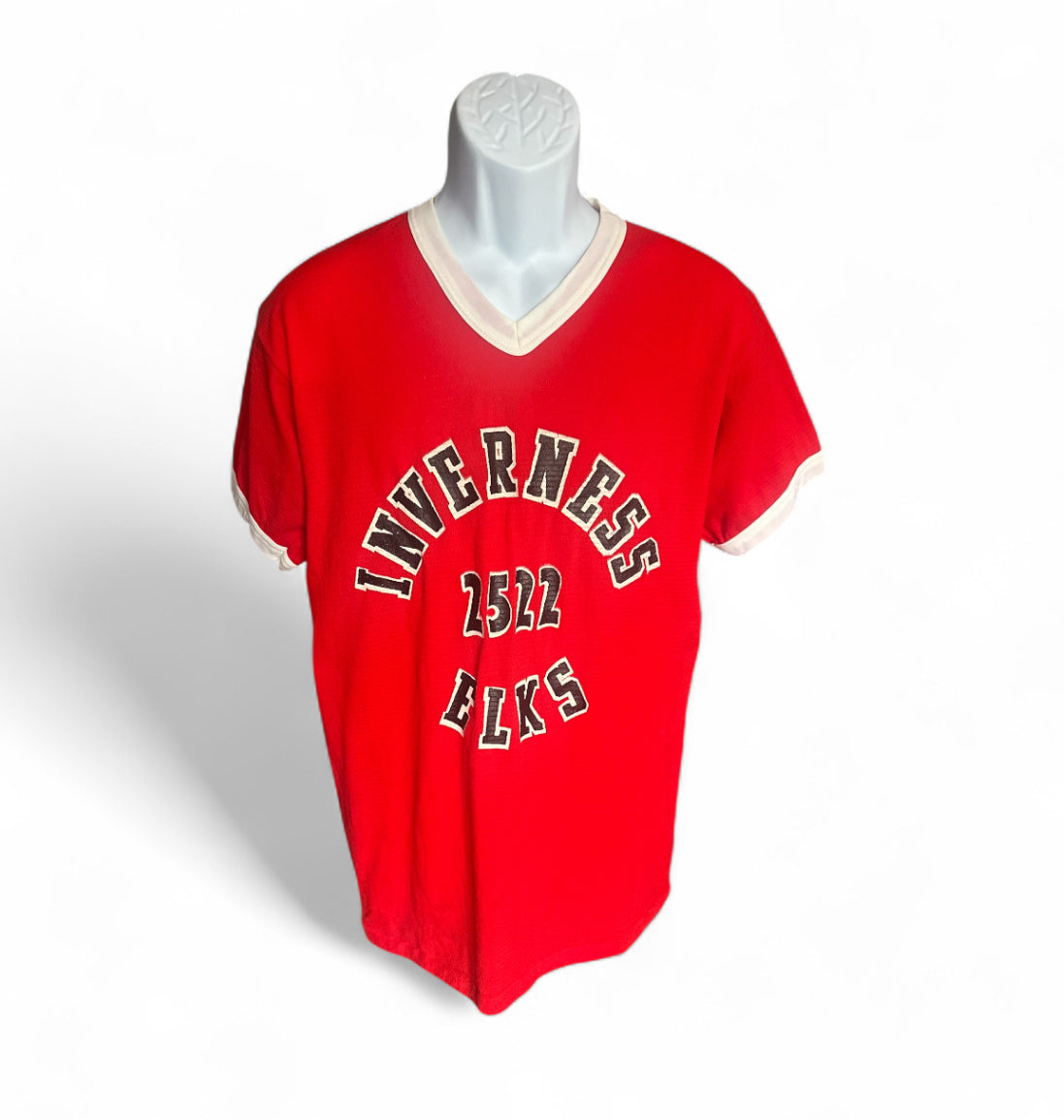 Vintage 70s Inverness Elks Team Tee – Red Varsity V-Neck Jersey #16