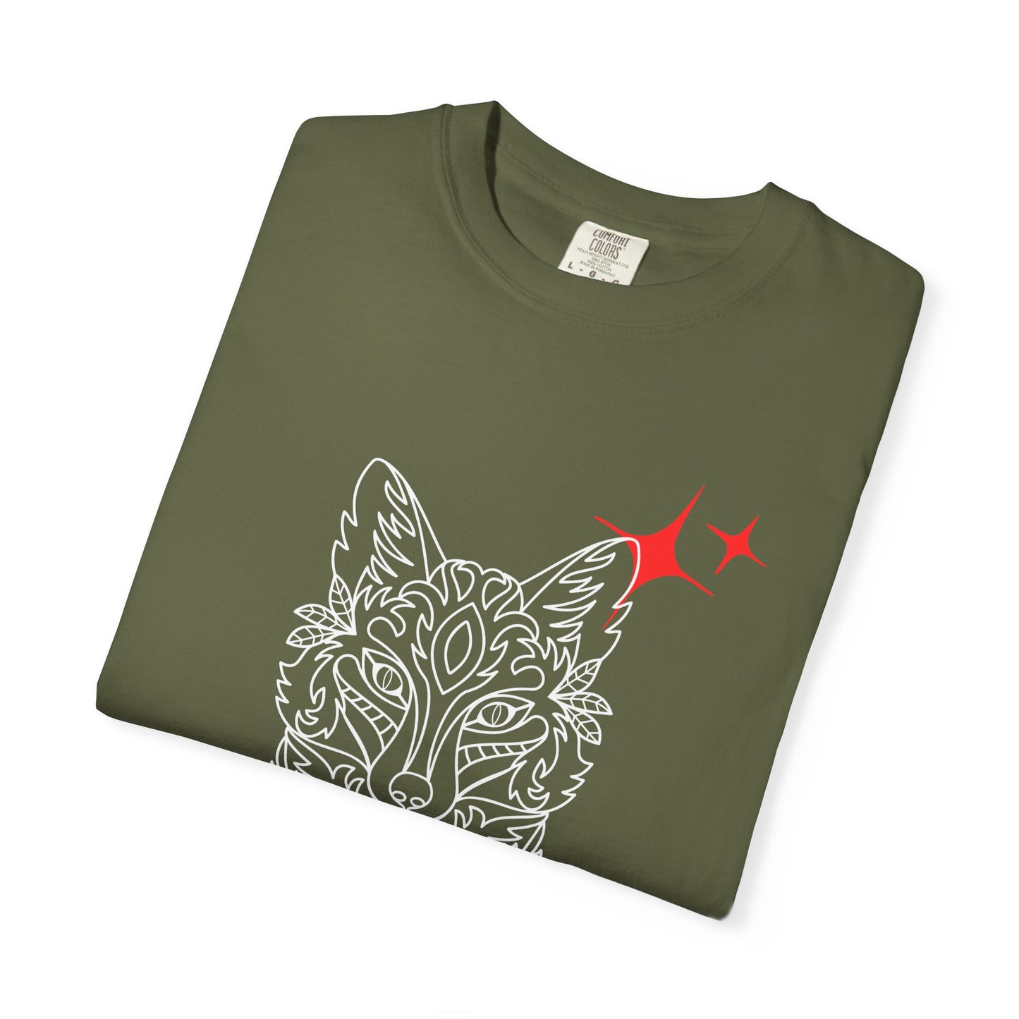 Fox Mask Graphic T-Shirt — Tribal Line Art with Red Spark Accents