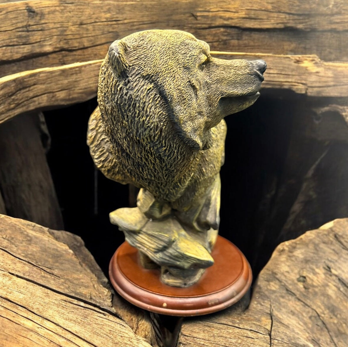Vintage Bear Bust Sculpture – Rustic Wildlife Figurine on Wood Base
