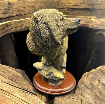 Vintage Bear Bust Sculpture – Rustic Wildlife Figurine on Wood Base