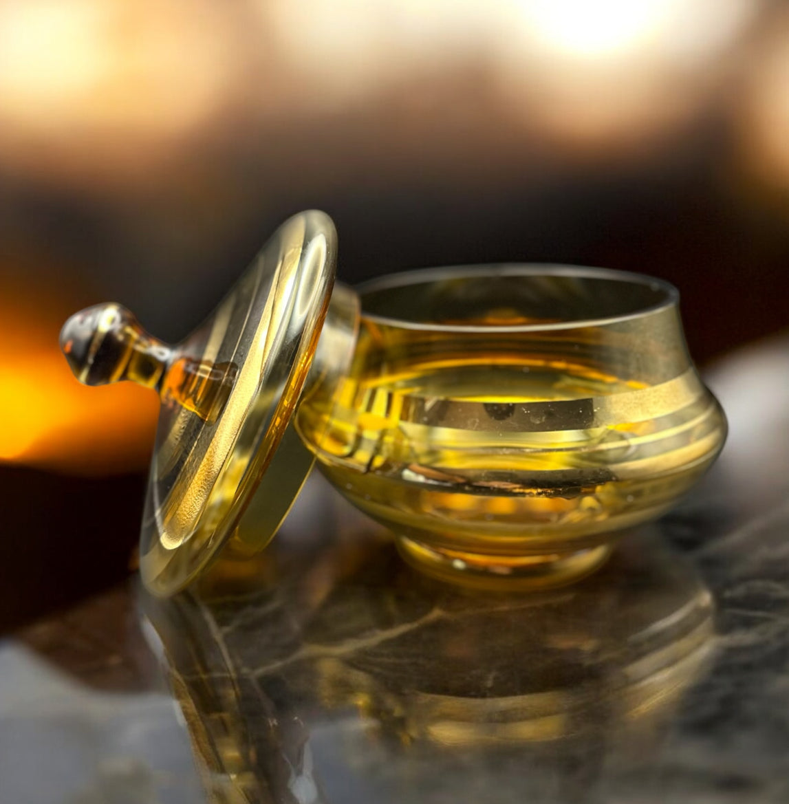 Vintage Amber Glass Candy Dish with Lid – Made in Romania, Mid-Century Spiral Gold Plated Design