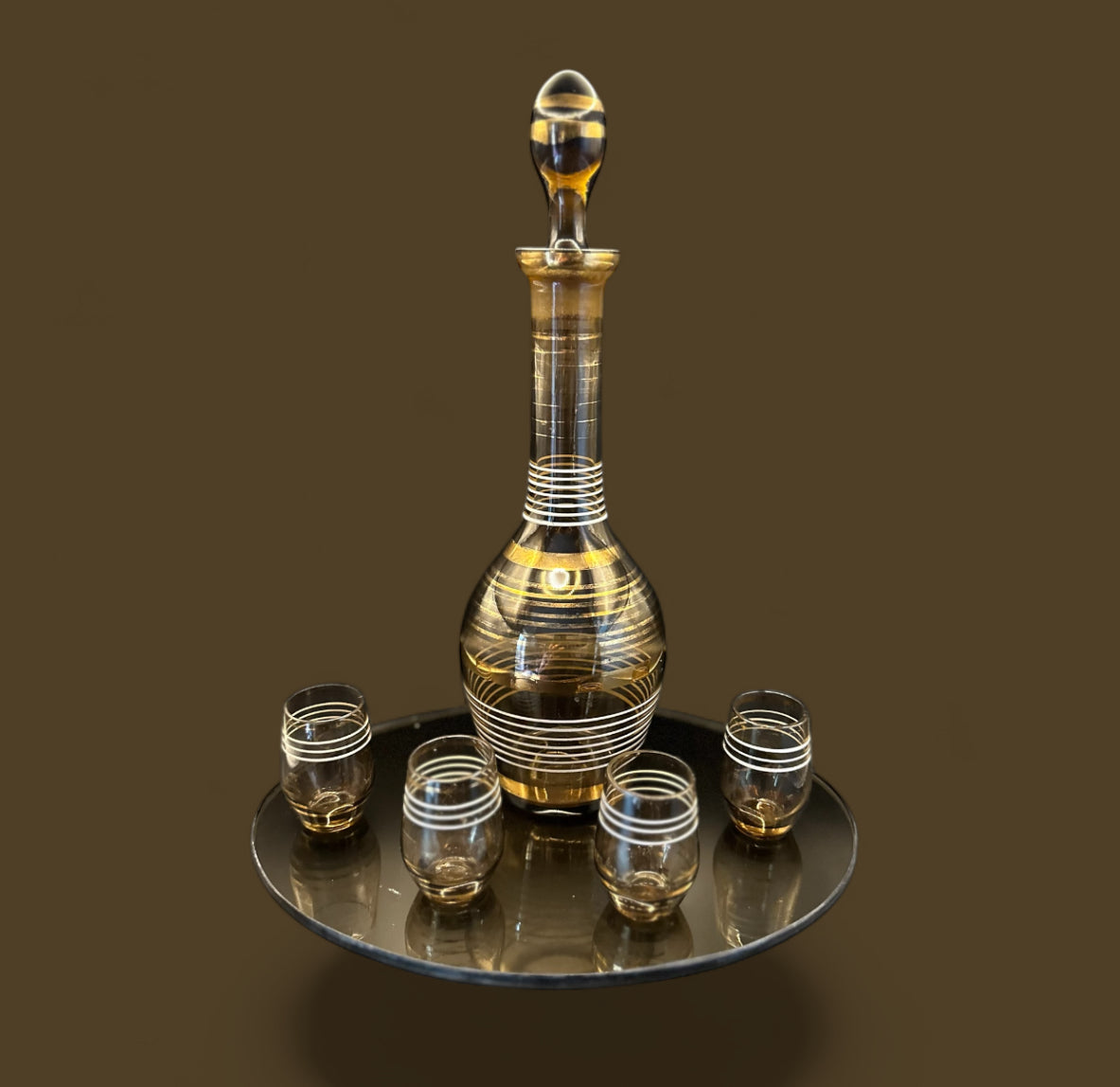 Vintage Romanian Amber Glass Decanter Set – Mid-Century Hand-Blown with 4 Glasses