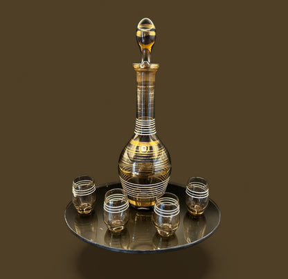 Vintage Romanian Amber Glass Decanter Set – Mid-Century Hand-Blown with 4 Glasses