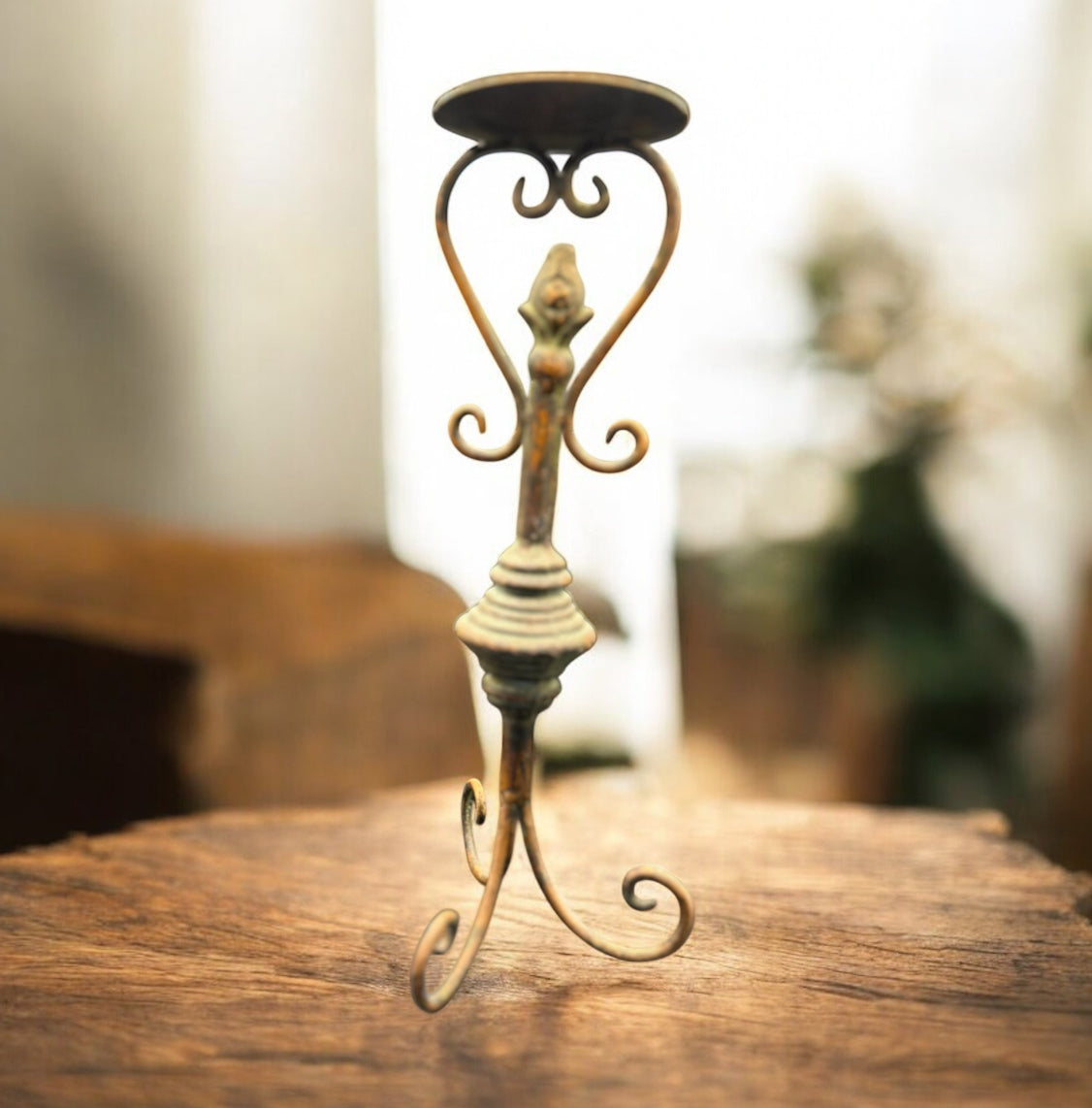 Vintage Metal Candle Holder – Heavy Scrollwork Iron Stand