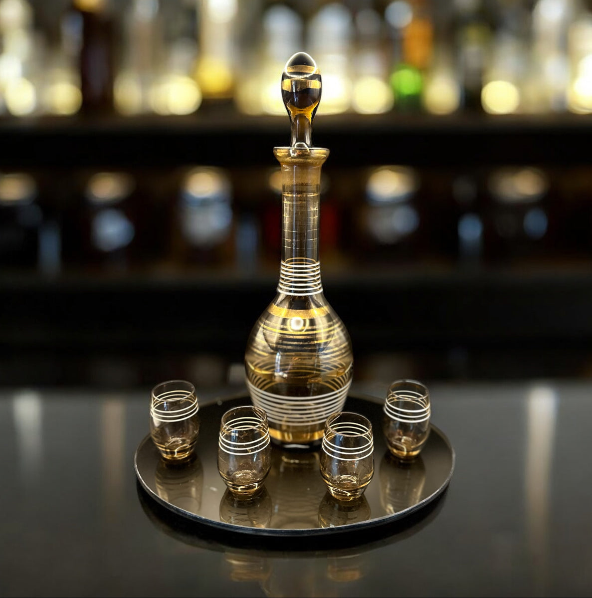 Vintage Romanian Amber Glass Decanter Set – Mid-Century Hand-Blown with 4 Glasses