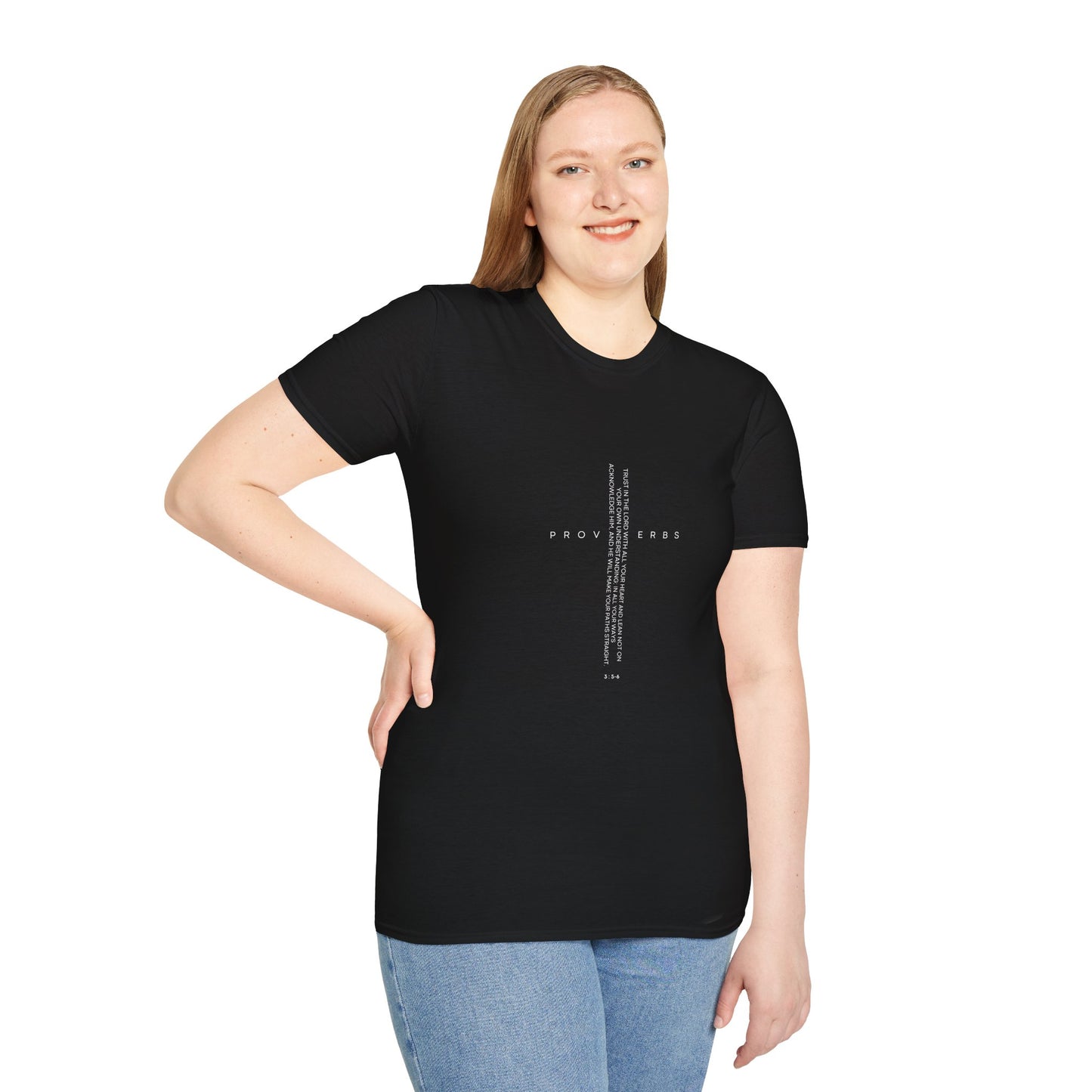 Inspirational Cross T-Shirt — 'Proverbs 3:5-6' Vertical Scripture Design
