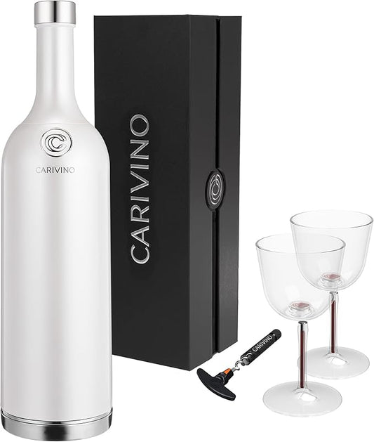 Carivino 750mL Travel Wine Flask with Two Cups, Built in Aerator, Ceramic Lined Vacuum Insulated Wine Bottle Gift (Ayoka Pearl White) Color:Metallic Akoya Pearl