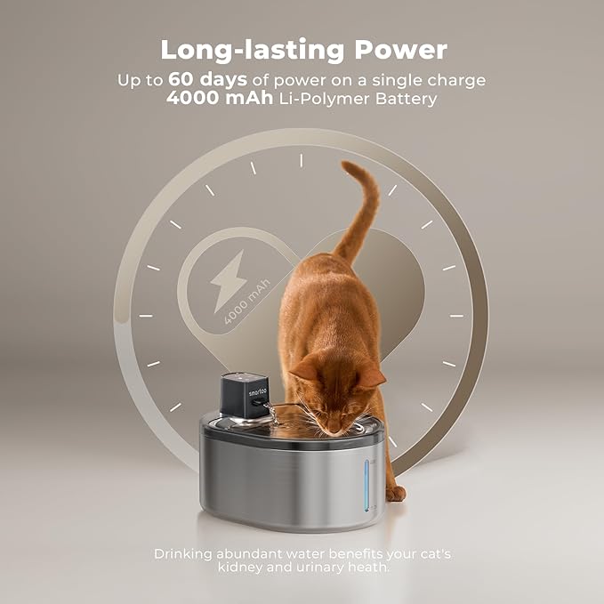 Wireless Pet Water Fountain Stainless Steel, 152oz/4.5L Cat Fountain Battery Operated, Cordless Pet Water Fountain for Cats & Dogs with Motion Sensor, Ultra Quiet Pump, Multi-Filtration