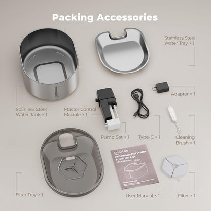 Wireless Pet Water Fountain Stainless Steel, 152oz/4.5L Cat Fountain Battery Operated, Cordless Pet Water Fountain for Cats & Dogs with Motion Sensor, Ultra Quiet Pump, Multi-Filtration