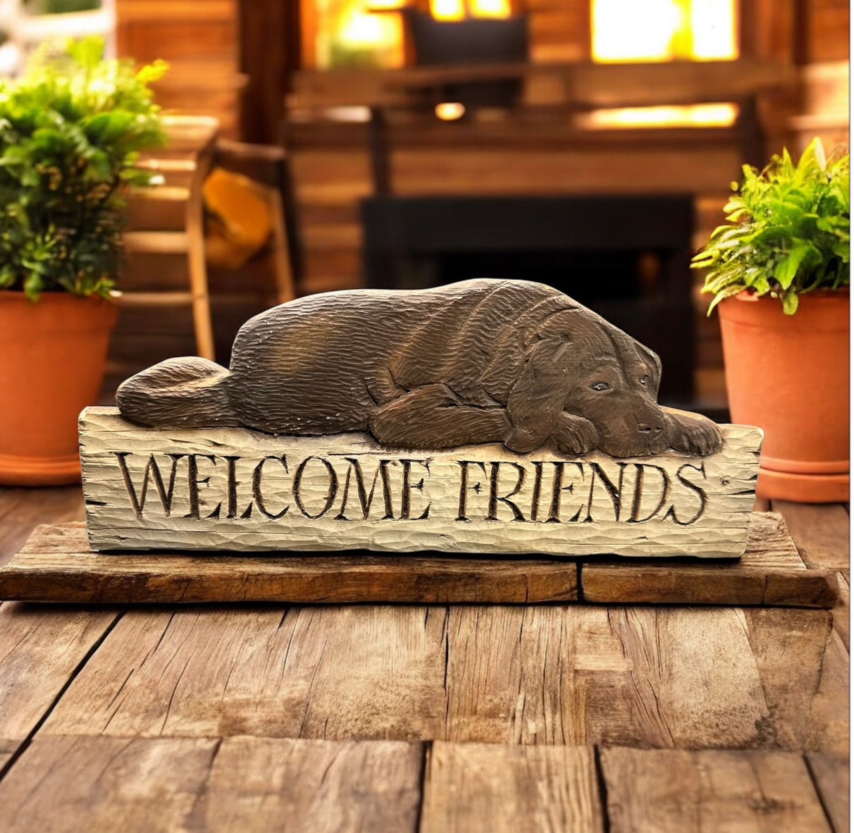 Vintage Hand-Carved Wooden “Welcome Friends” Sign with Dog Design