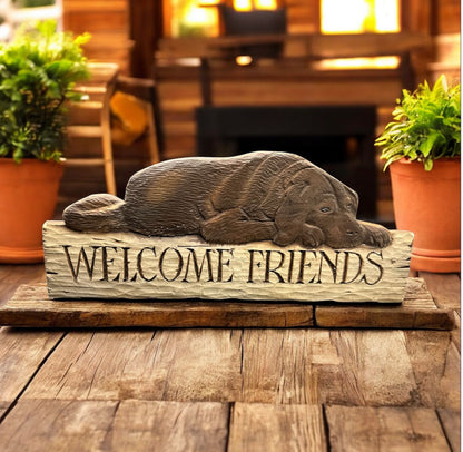 Vintage Hand-Carved Wooden “Welcome Friends” Sign with Dog Design