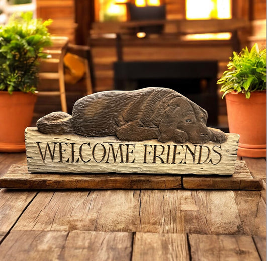 Vintage Hand-Carved Wooden “Welcome Friends” Sign with Dog Design