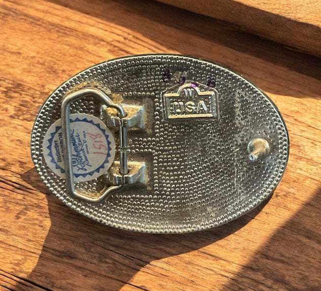 Vintage Blue Ribbon Belt Buckle – Oval Black Enamel with Silver Starburst, USA Made