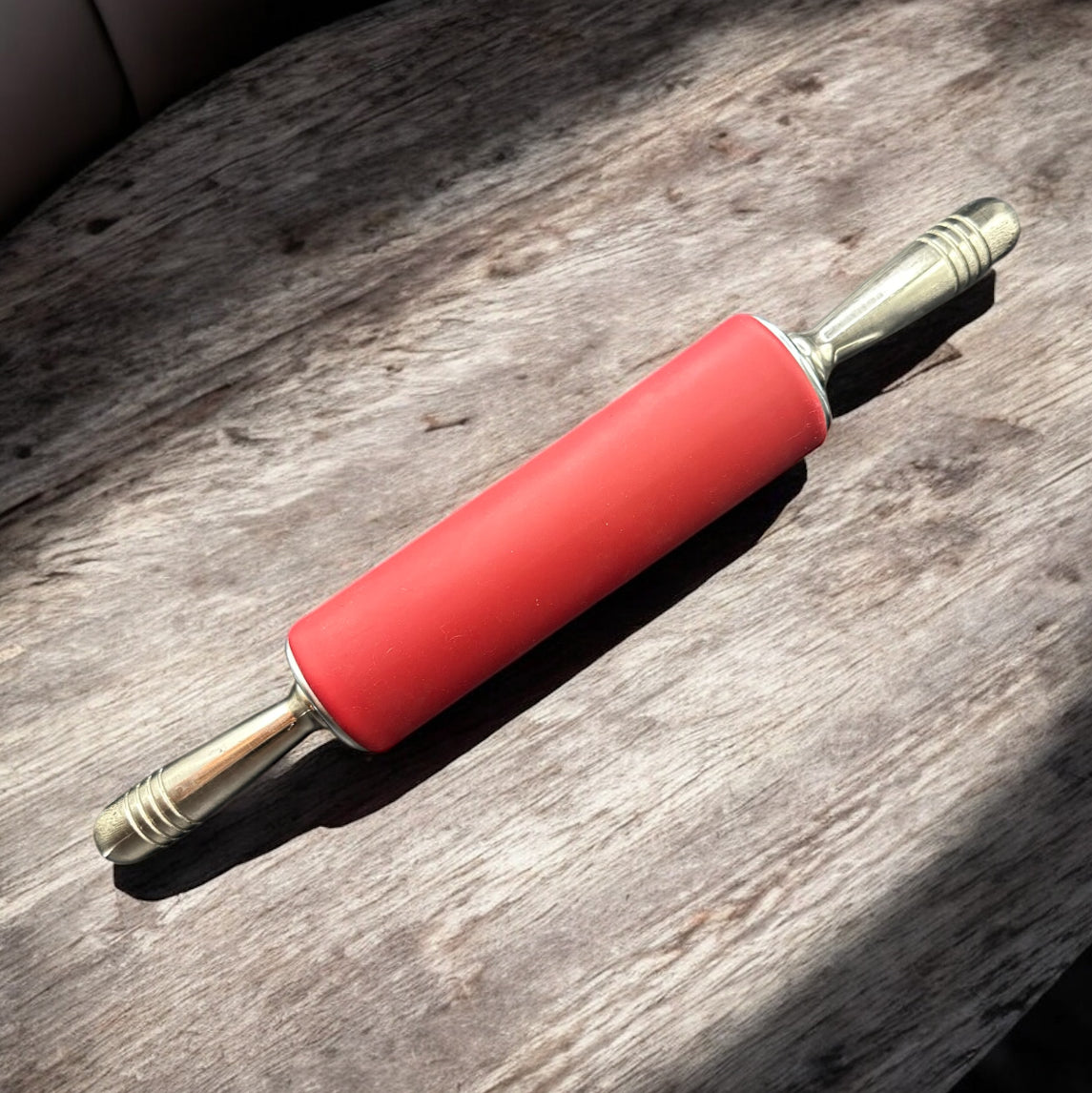 Vintage Metal & Red Rubber Rolling Pin – Mid-Century Kitchen Tool