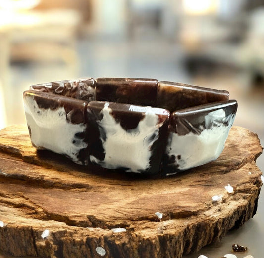 Vintage Faux Horn Resin Panel Stretch Bracelet – Brown & Cream Marbled