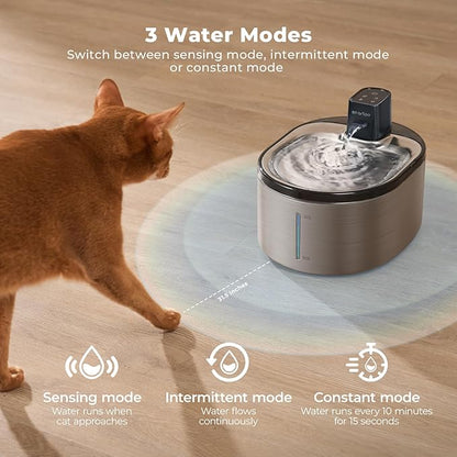 Wireless Pet Water Fountain Stainless Steel, 152oz/4.5L Cat Fountain Battery Operated, Cordless Pet Water Fountain for Cats & Dogs with Motion Sensor, Ultra Quiet Pump, Multi-Filtration