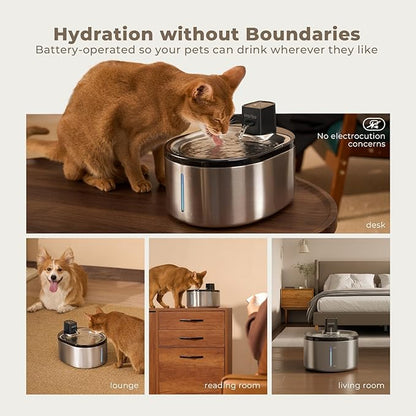 Wireless Pet Water Fountain Stainless Steel, 152oz/4.5L Cat Fountain Battery Operated, Cordless Pet Water Fountain for Cats & Dogs with Motion Sensor, Ultra Quiet Pump, Multi-Filtration