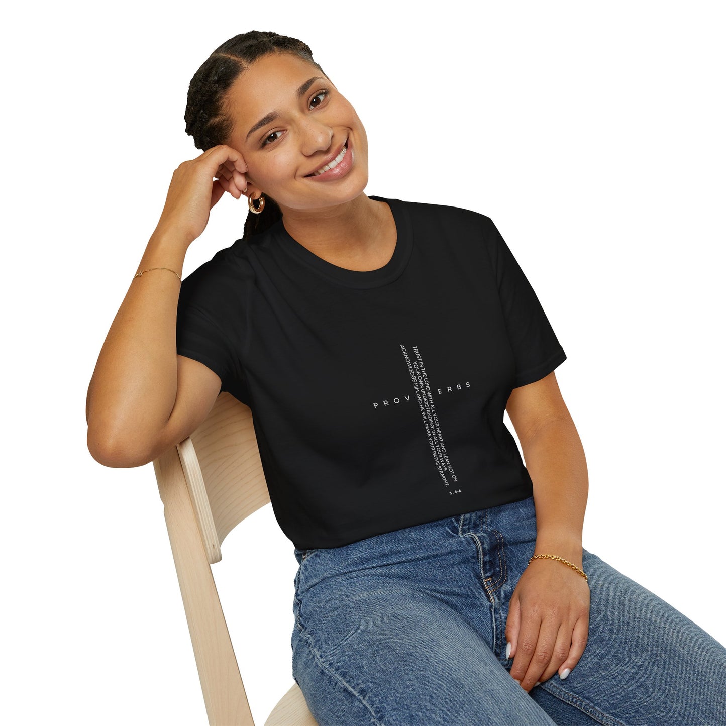 Inspirational Cross T-Shirt — 'Proverbs 3:5-6' Vertical Scripture Design