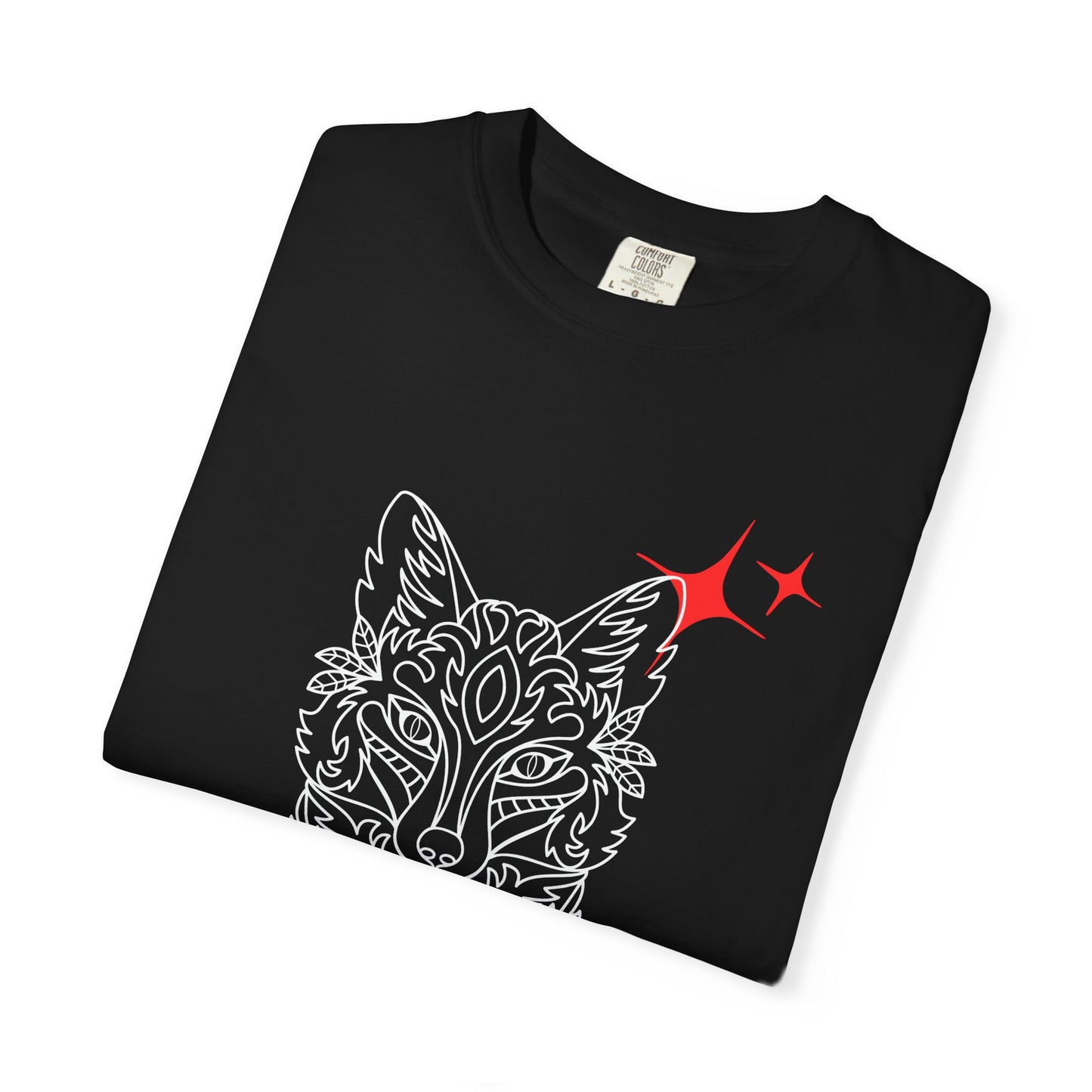 Fox Mask Graphic T-Shirt — Tribal Line Art with Red Spark Accents