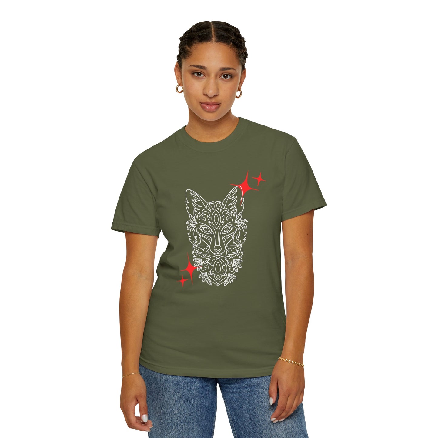 Fox Mask Graphic T-Shirt — Tribal Line Art with Red Spark Accents