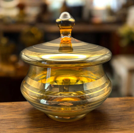 Vintage Amber Glass Candy Dish with Lid – Made in Romania, Mid-Century Spiral Gold Plated Design