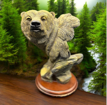 Vintage Bear Bust Sculpture – Rustic Wildlife Figurine on Wood Base
