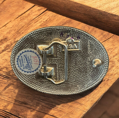 Vintage Blue Ribbon Belt Buckle – Oval Black Enamel with Silver Starburst, USA Made