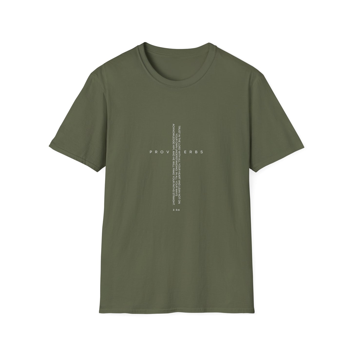 Inspirational Cross T-Shirt — 'Proverbs 3:5-6' Vertical Scripture Design